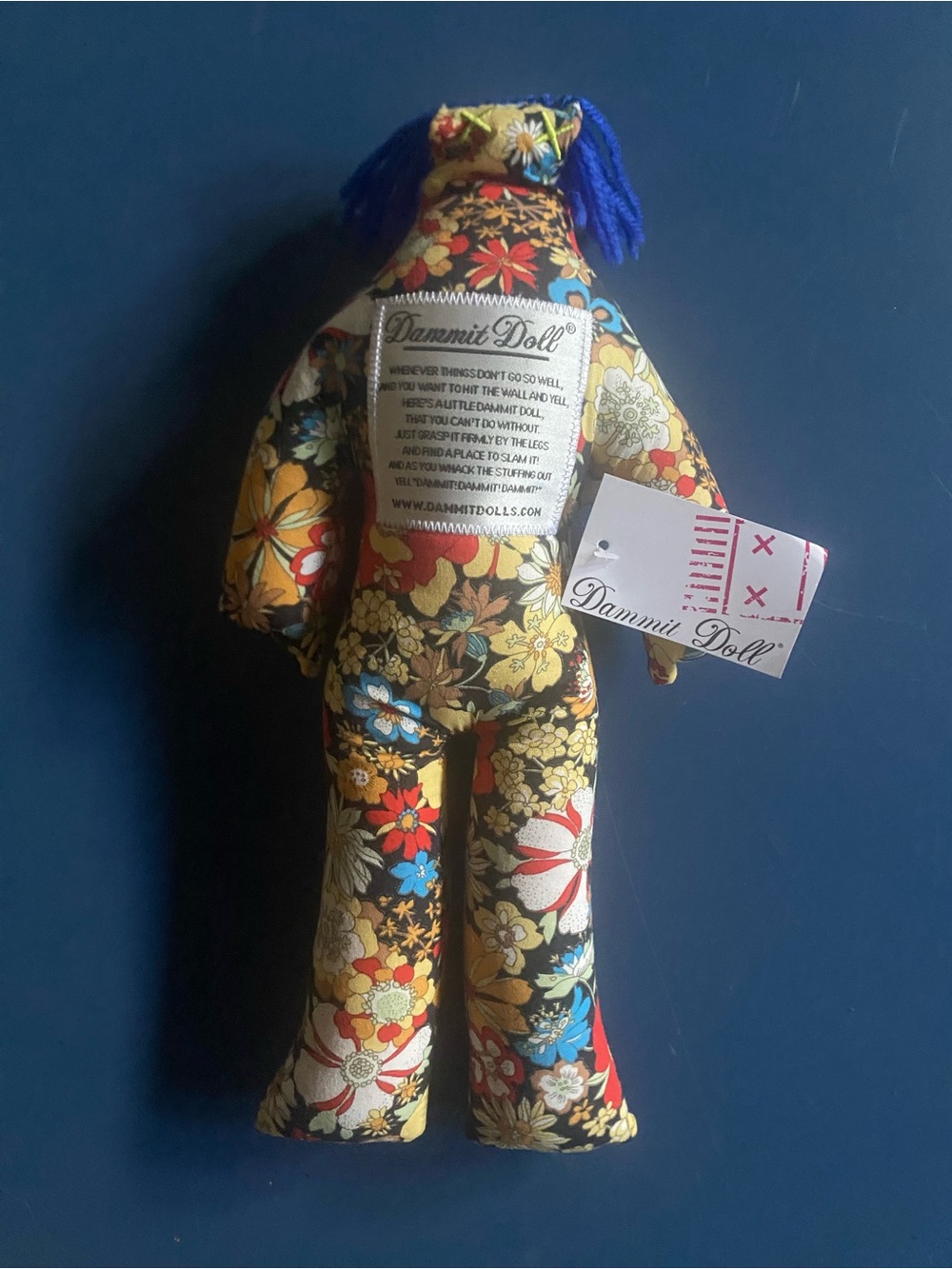 DAMMIT DOLL Red Floral Blue Hair 12" NWT